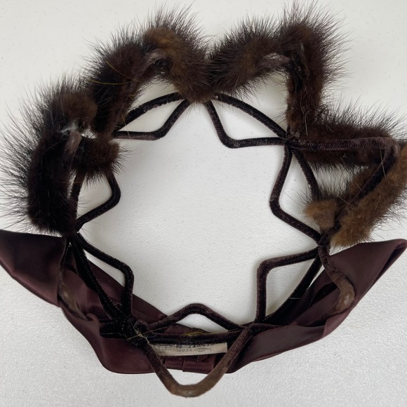 Vintage Mink Fur Pillbox‎ Hat Velvet Ribbon Bow Brown 50s 60s Party Cocktail - Picture 6 of 9